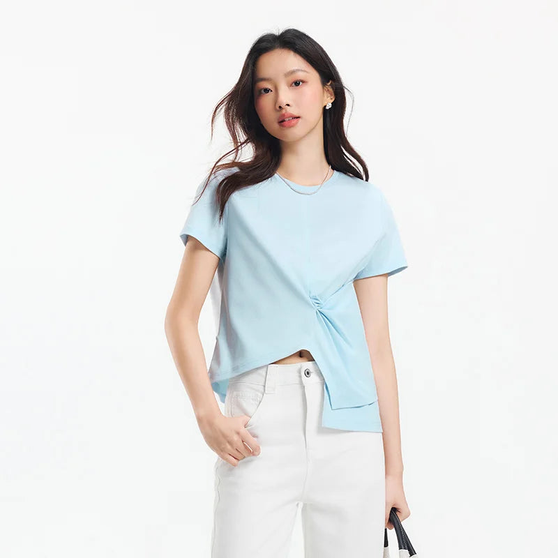 Semir Short Sleeve T-Shirt Women Cropped Design Split Hem 2025 New Summer Cotton Top Relaxed Fit for Casual and Chic Style