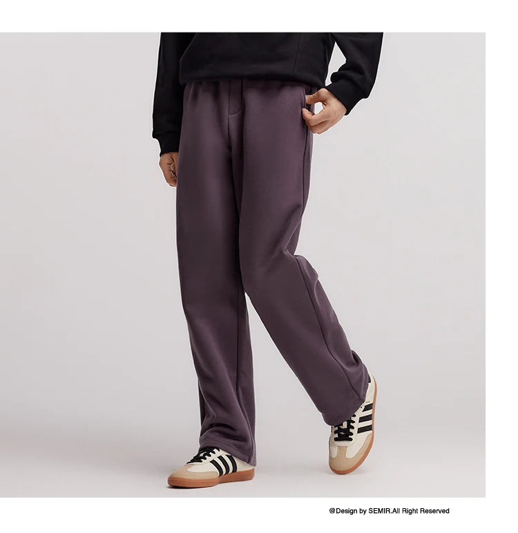 Semir Pants Men Fleece Lined 2024 Winter New Thermal Bacteriostatic Solid Color Loose Elastic Waist Straight Leg Pants
