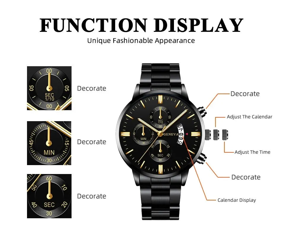 Fashion Men Black Stainless Steel Watch Luxury