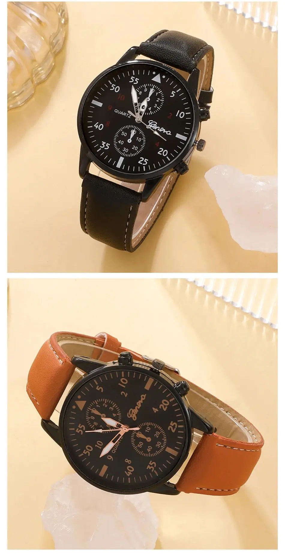 Men Watch Luxury Bracelet Set Fashion Business Brown Leather