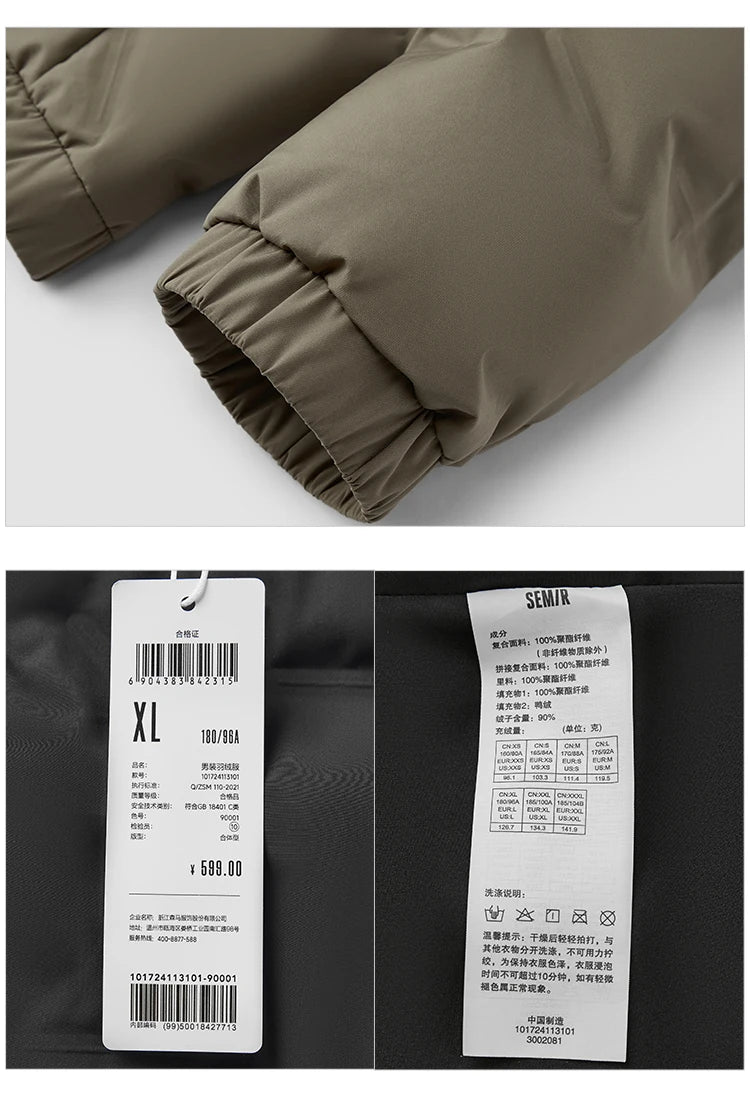 Semir Down Jacket Men 2024 New Waterproof Hooded Outerwear Winter Clothing Solid Color Versatile Direct-Injection Down Thickened