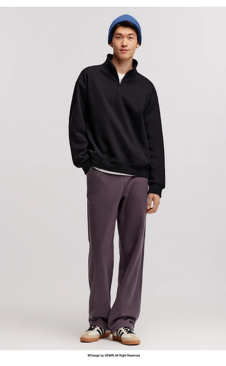 Semir Pants Men Fleece Lined 2024 Winter New Thermal Bacteriostatic Solid Color Loose Elastic Waist Straight Leg Pants