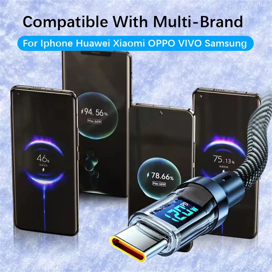 120W Type C to Type C Cable Phone Super Fast Charging Cable With LED Display