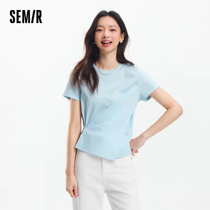 Semir Short Sleeve T-Shirt Women Cropped Design Split Hem 2025 New Summer Cotton Top Relaxed Fit for Casual and Chic Style