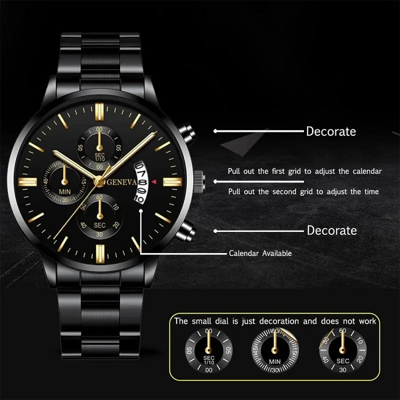 Fashion Men Black Stainless Steel Watch Luxury