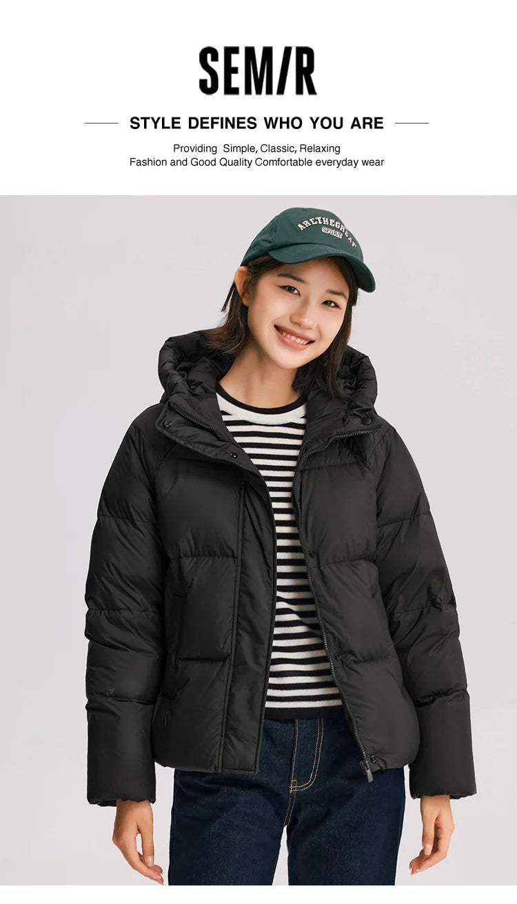 Semir Down Jacket Women Solid Color Loose Versatile 2024 Winter New Three-Proof Hooded Puffer Coat Down Jacket