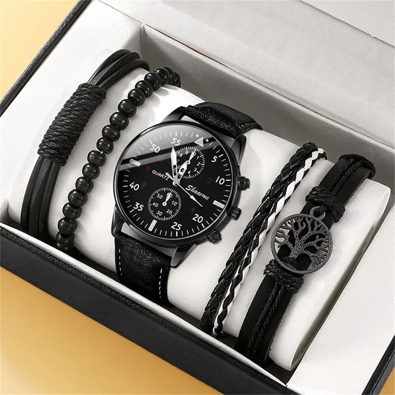 Men Watch Luxury Bracelet Set Fashion Business Brown Leather