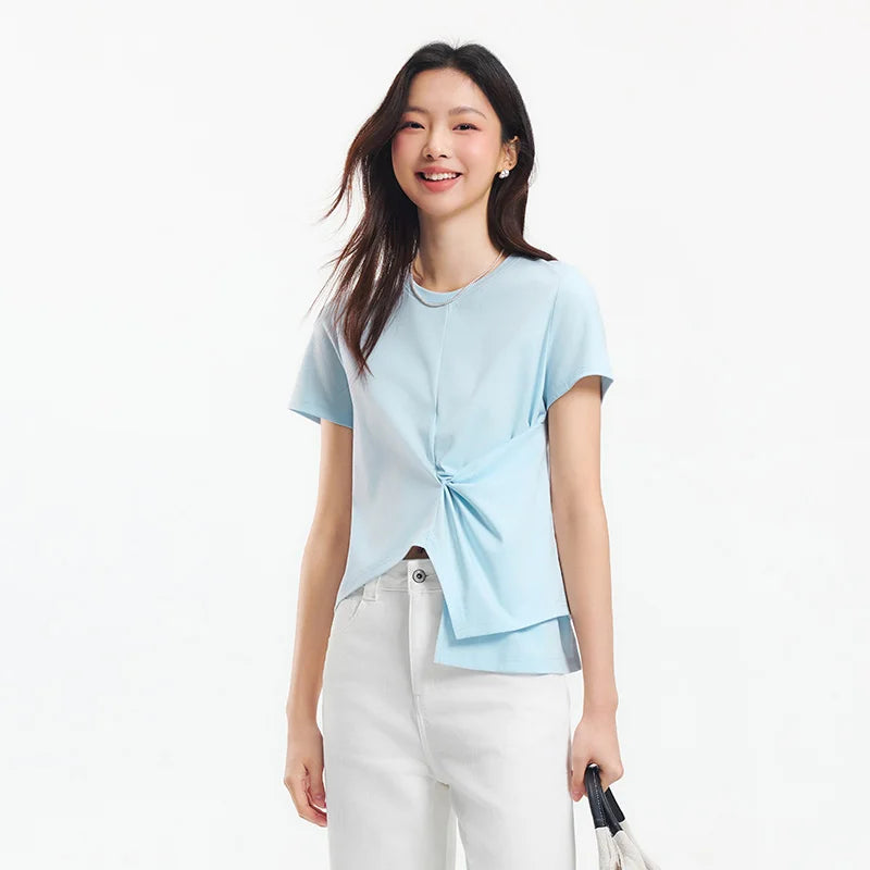 Semir Short Sleeve T-Shirt Women Cropped Design Split Hem 2025 New Summer Cotton Top Relaxed Fit for Casual and Chic Style