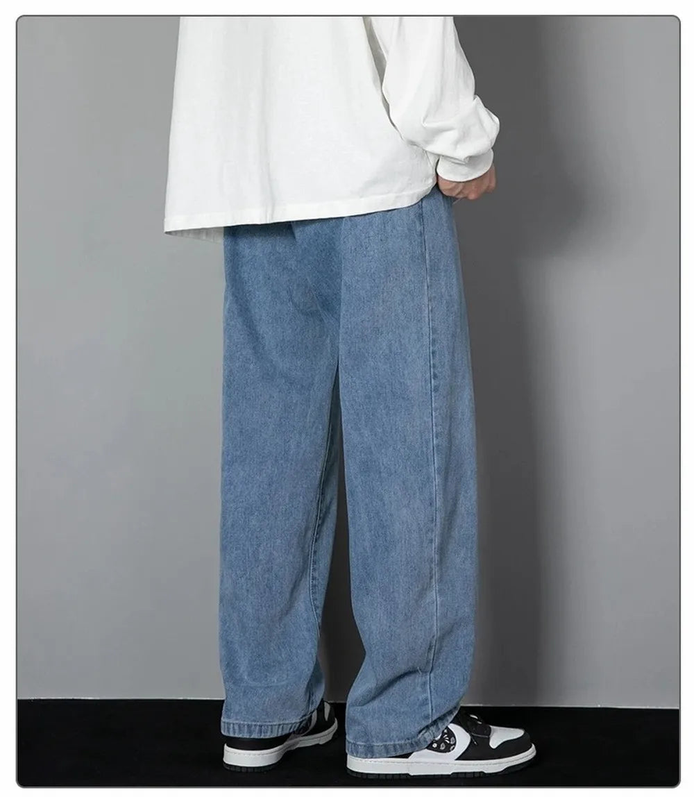 Korean Solid Colors Men's Casual Long Jeans Classic Man Four Seasons Straight Denim Wide-leg Pants Light Blue Grey Black 3XL
