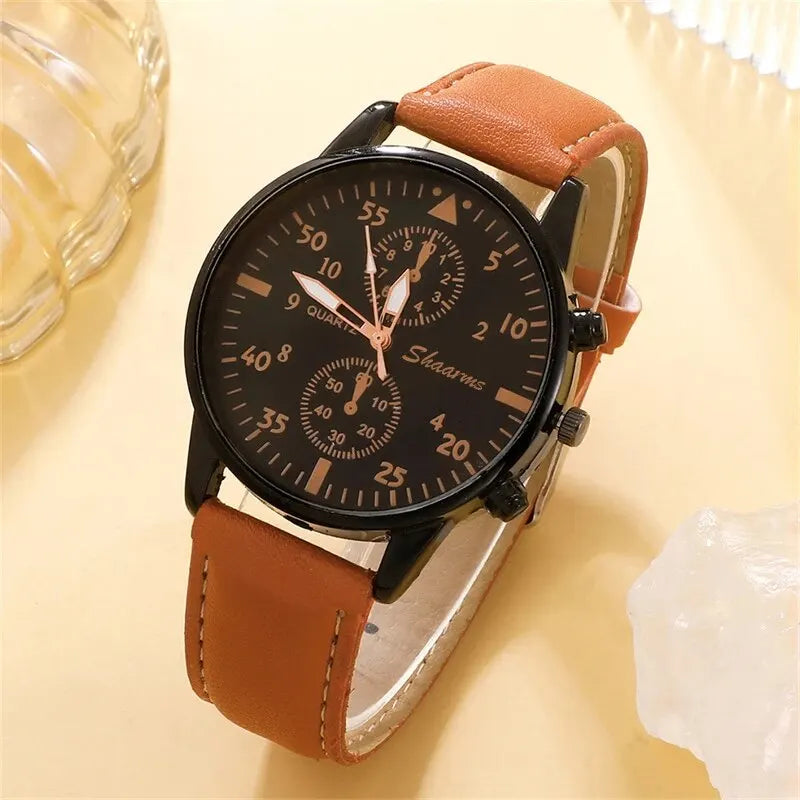 Men Watch Luxury Bracelet Set Fashion Business Brown Leather