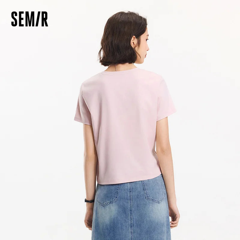 Semir Short Sleeve T-Shirt Women Cropped Design Split Hem 2025 New Summer Cotton Top Relaxed Fit for Casual and Chic Style