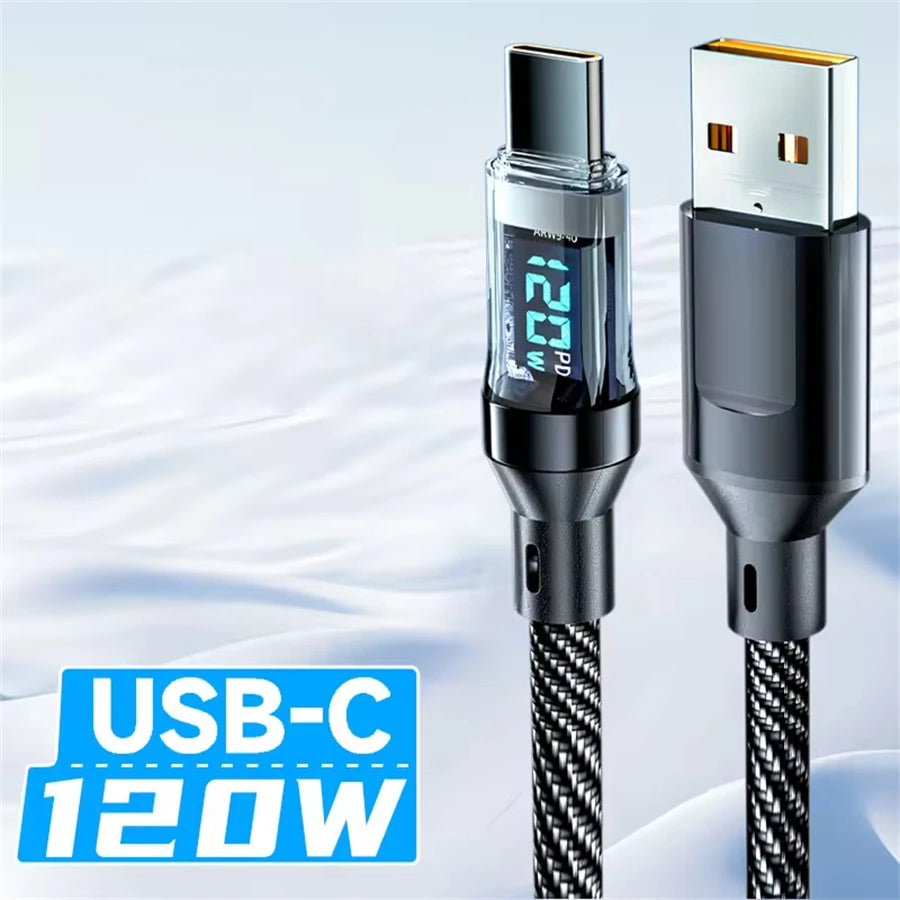 120W Type C to Type C Cable Phone Super Fast Charging Cable With LED Display