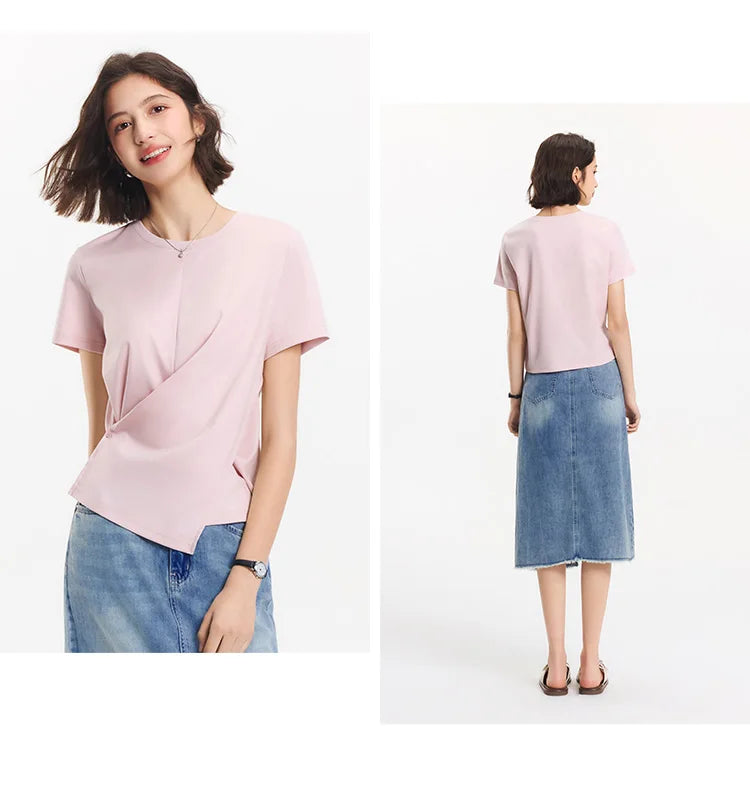 Semir Short Sleeve T-Shirt Women Cropped Design Split Hem 2025 New Summer Cotton Top Relaxed Fit for Casual and Chic Style