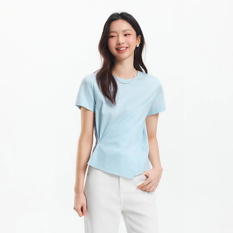 Semir Short Sleeve T-Shirt Women Cropped Design Split Hem 2025 New Summer Cotton Top Relaxed Fit for Casual and Chic Style