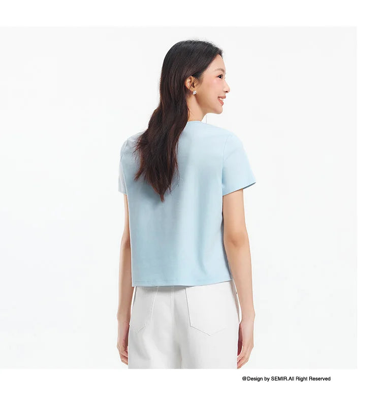 Semir Short Sleeve T-Shirt Women Cropped Design Split Hem 2025 New Summer Cotton Top Relaxed Fit for Casual and Chic Style