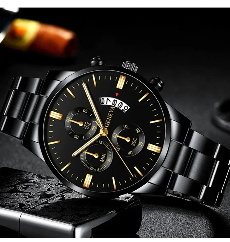 Fashion Men Black Stainless Steel Watch Luxury