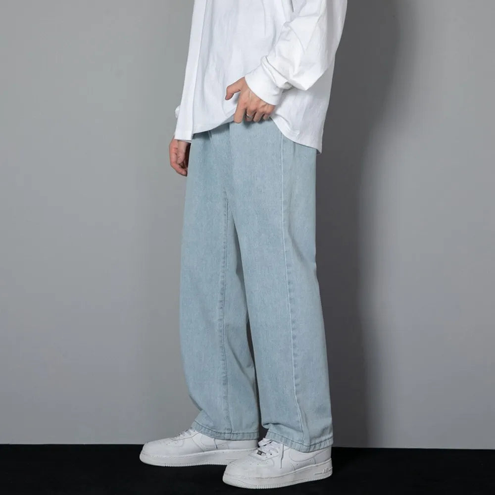 Korean Solid Colors Men's Casual Long Jeans Classic Man Four Seasons Straight Denim Wide-leg Pants Light Blue Grey Black 3XL