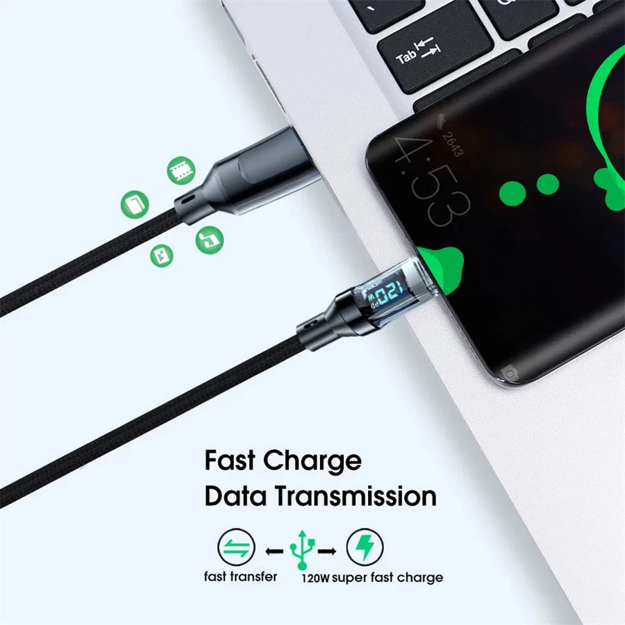 120W Type C to Type C Cable Phone Super Fast Charging Cable With LED Display