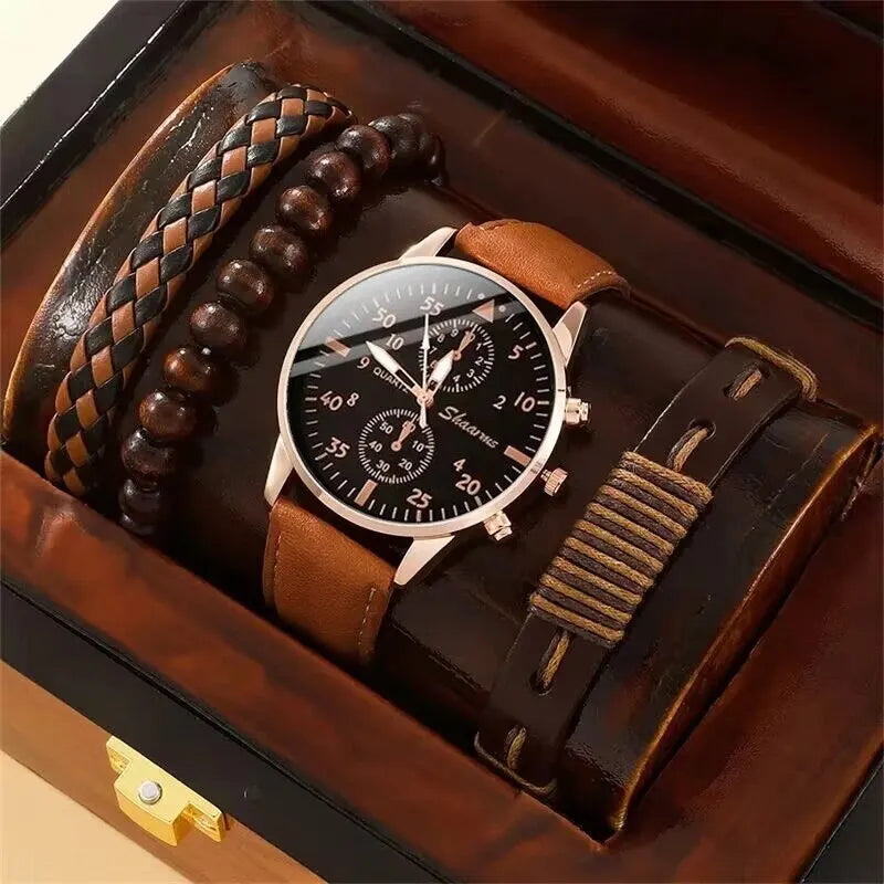 Men Watch Luxury Bracelet Set Fashion Business Brown Leather