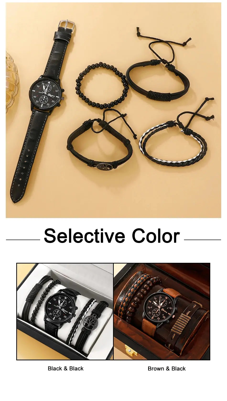 Men Watch Luxury Bracelet Set Fashion Business Brown Leather