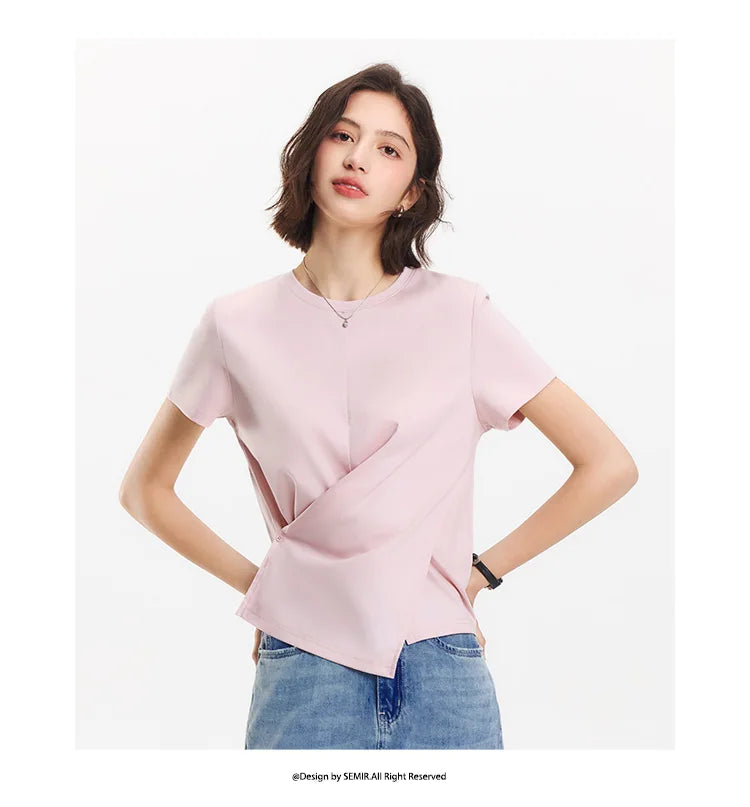 Semir Short Sleeve T-Shirt Women Cropped Design Split Hem 2025 New Summer Cotton Top Relaxed Fit for Casual and Chic Style