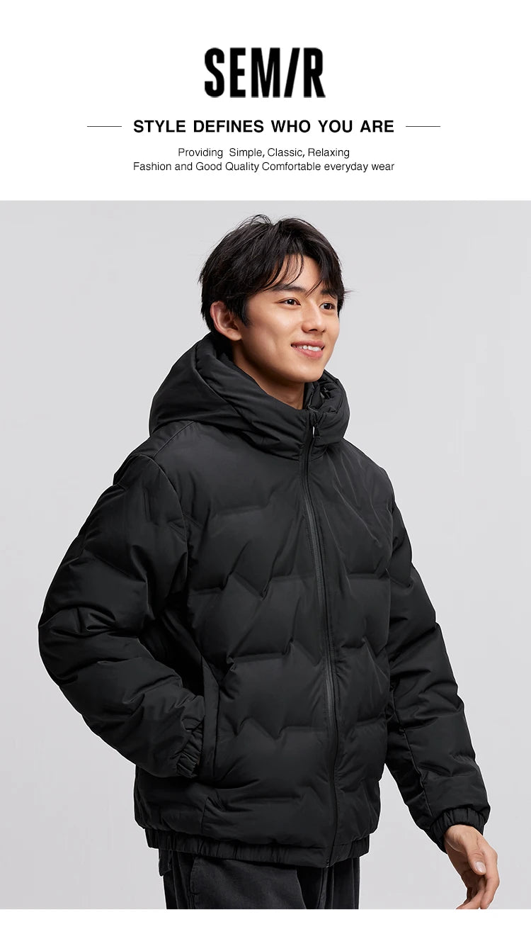 Semir Down Jacket Men 2024 New Waterproof Hooded Outerwear Winter Clothing Solid Color Versatile Direct-Injection Down Thickened