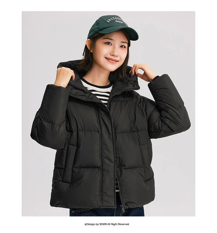 Semir Down Jacket Women Solid Color Loose Versatile 2024 Winter New Three-Proof Hooded Puffer Coat Down Jacket