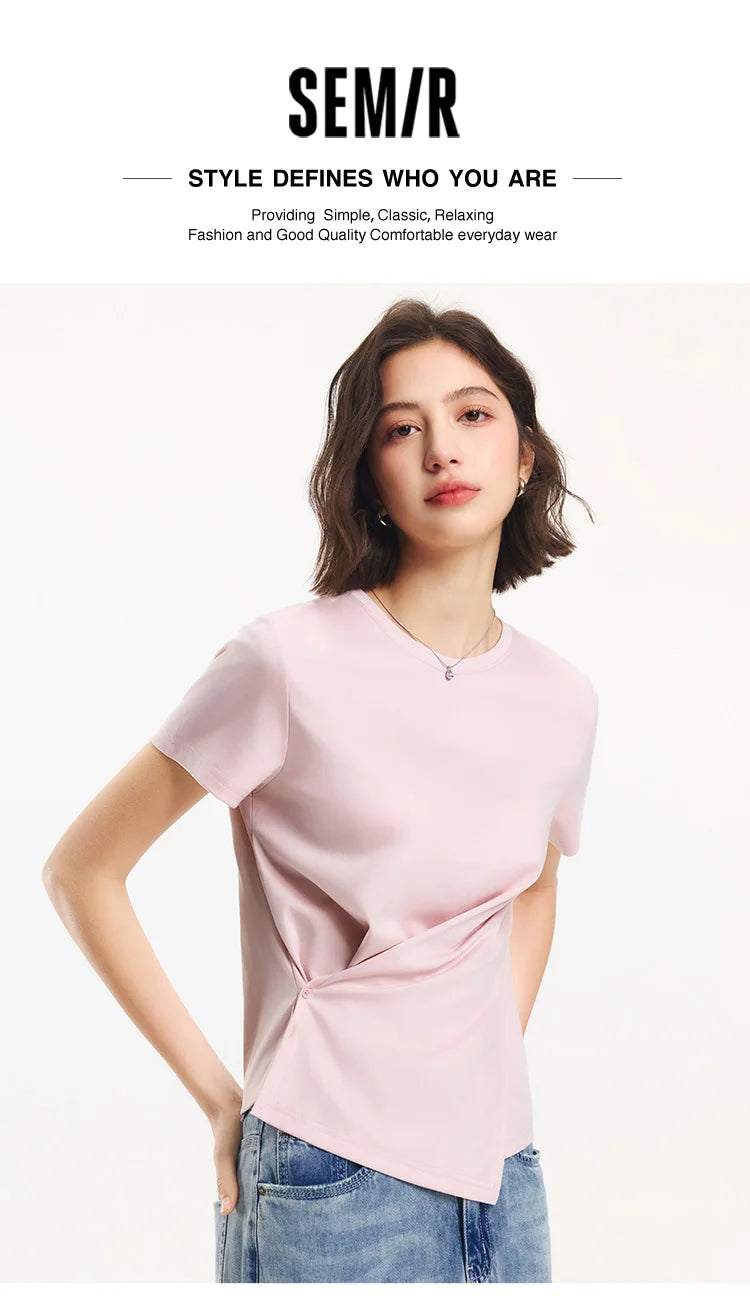 Semir Short Sleeve T-Shirt Women Cropped Design Split Hem 2025 New Summer Cotton Top Relaxed Fit for Casual and Chic Style