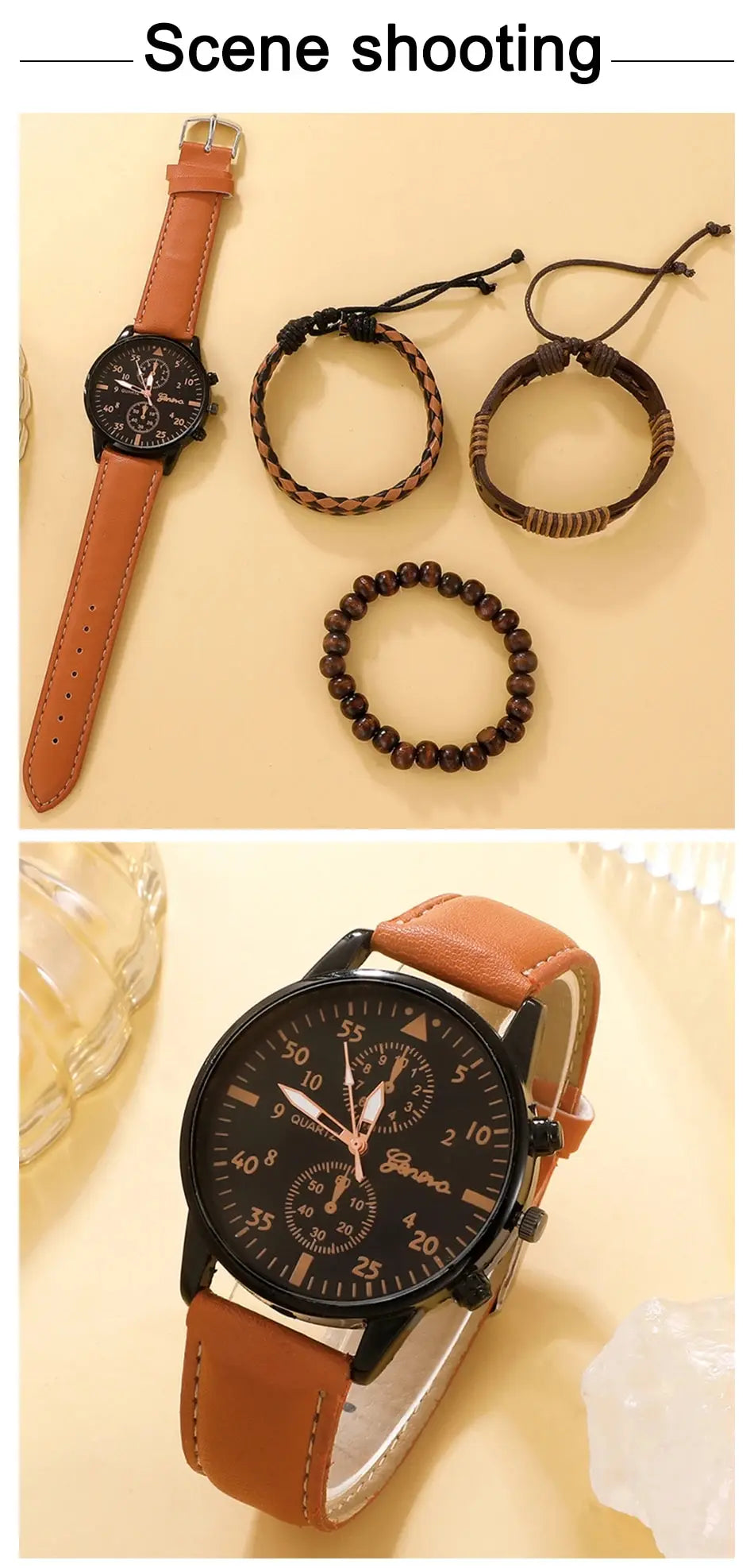 Men Watch Luxury Bracelet Set Fashion Business Brown Leather
