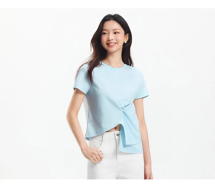Semir Short Sleeve T-Shirt Women Cropped Design Split Hem 2025 New Summer Cotton Top Relaxed Fit for Casual and Chic Style