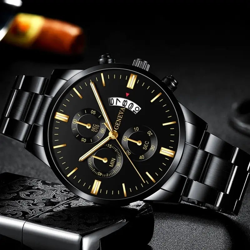 Fashion Men Black Stainless Steel Watch Luxury