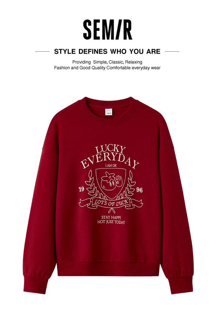 Semir Hoodie Women Design-featured Embroidered Loose and Lazy 2025 New Spring Round-neck Drop-shoulder Pullover Fashionable