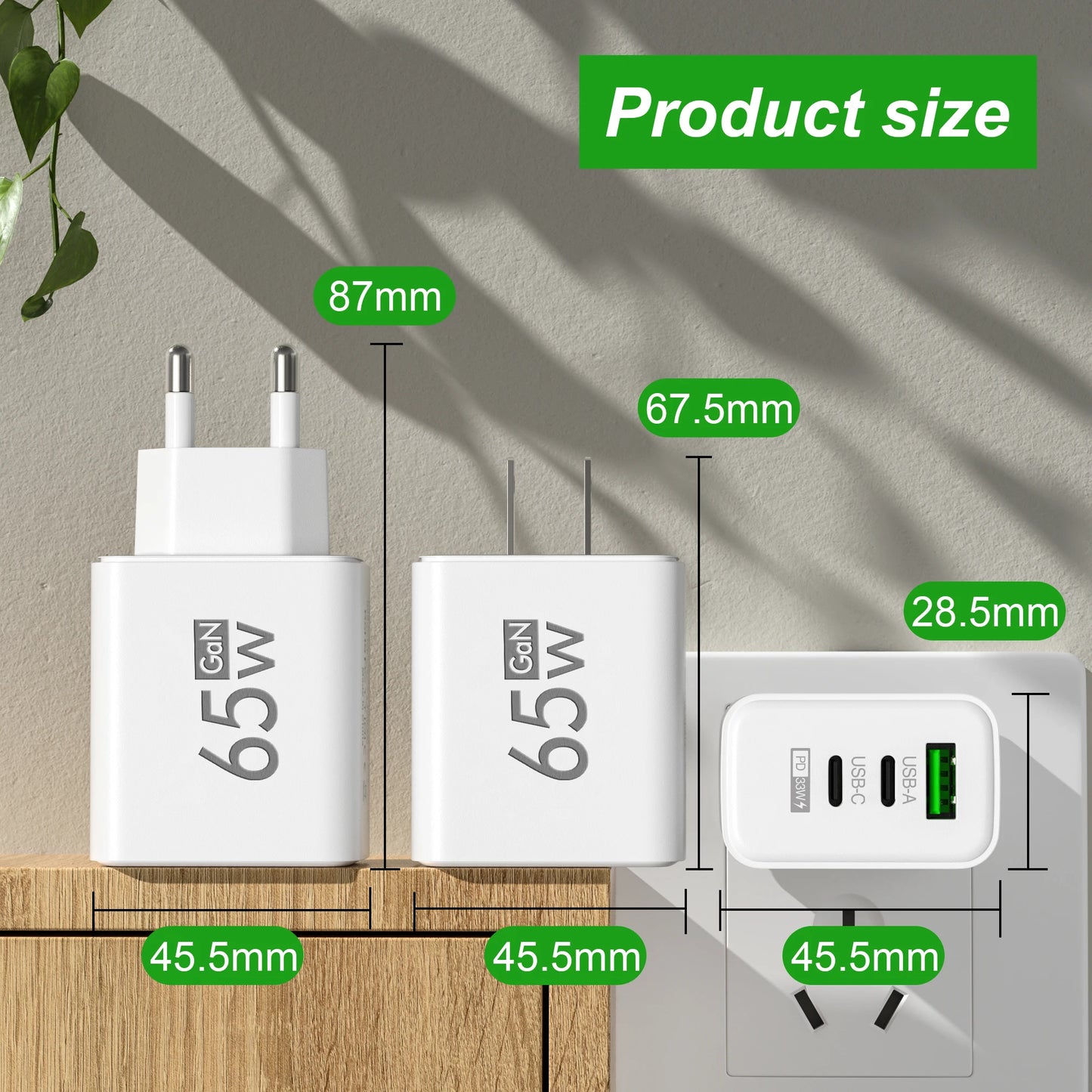 65W GaN Fast Charger USB Type C PD QC3.0 Quick Charging Charger Mobile Phone Adapter for iPhone 14 15 Pro Xiaomi Samsung Huawei