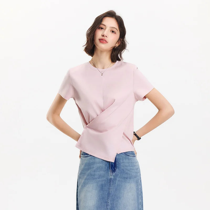 Semir Short Sleeve T-Shirt Women Cropped Design Split Hem 2025 New Summer Cotton Top Relaxed Fit for Casual and Chic Style