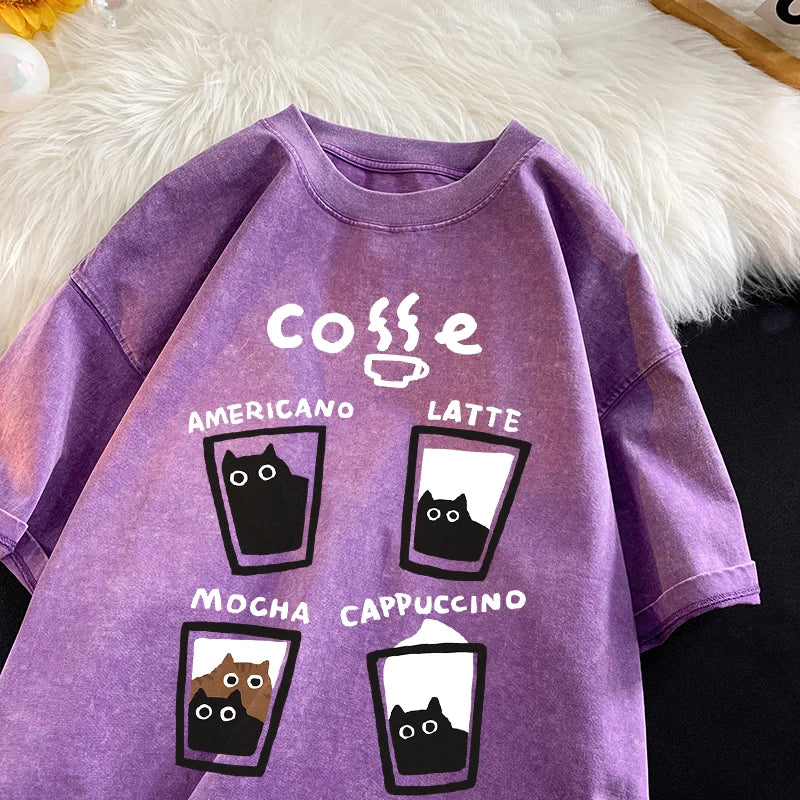 American Retro Trendy Cat Cotton T-shirt Men Women Summer Loose Couple Short Sleeve Tops Harajuku Y2k Vintage Water Washing Tee