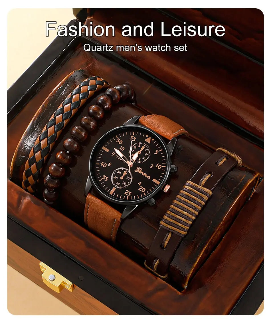Men Watch Luxury Bracelet Set Fashion Business Brown Leather
