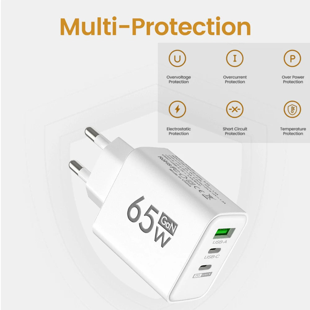 65W GaN Fast Charger USB Type C PD QC3.0 Quick Charging Charger Mobile Phone Adapter for iPhone 14 15 Pro Xiaomi Samsung Huawei