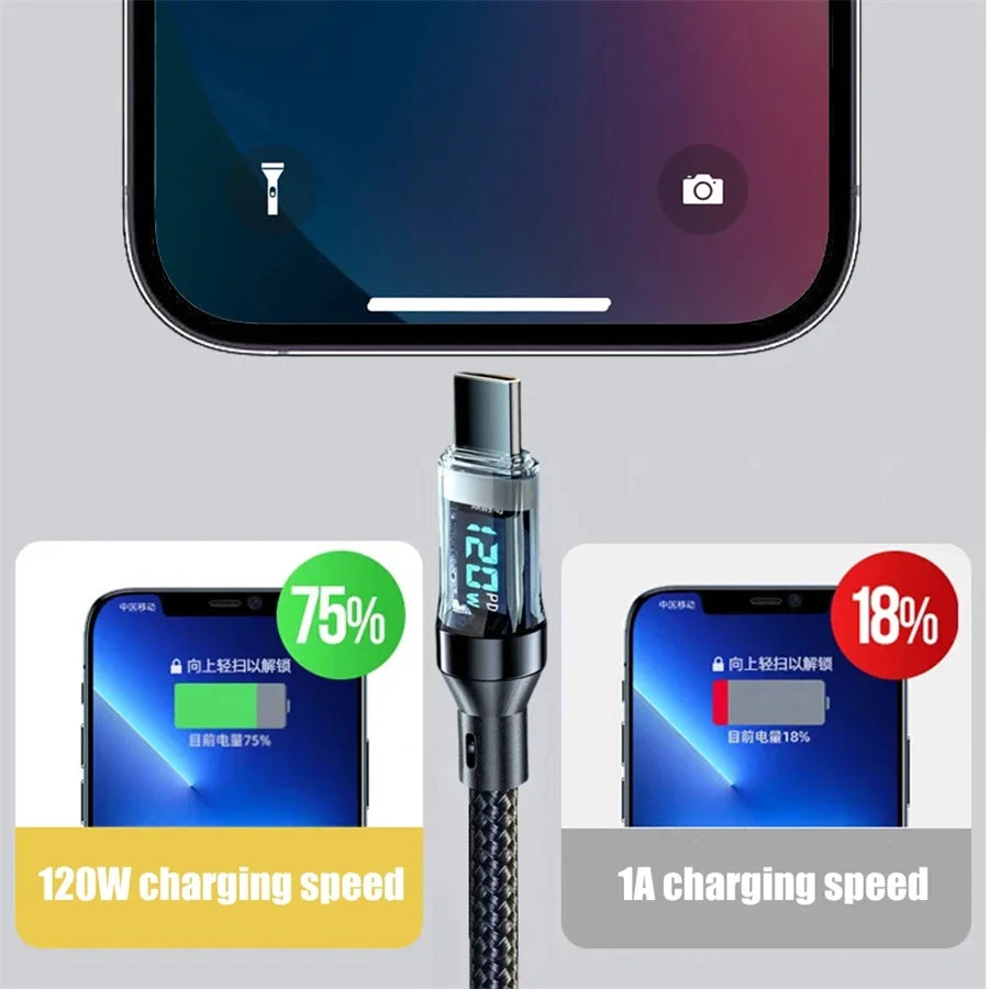 120W Type C to Type C Cable Phone Super Fast Charging Cable With LED Display