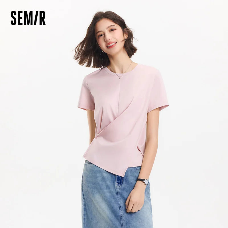 Semir Short Sleeve T-Shirt Women Cropped Design Split Hem 2025 New Summer Cotton Top Relaxed Fit for Casual and Chic Style