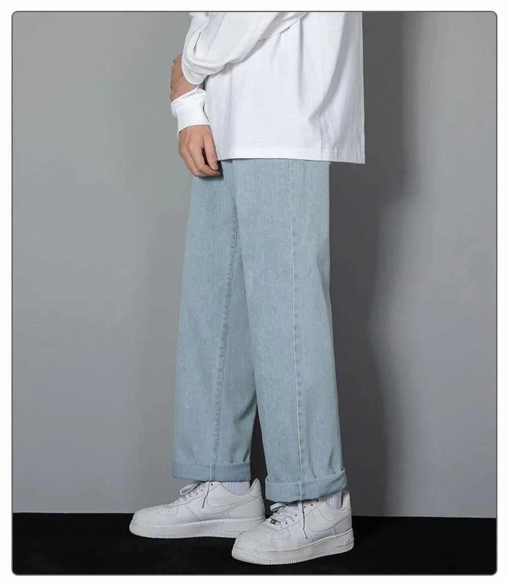 Korean Solid Colors Men's Casual Long Jeans Classic Man Four Seasons Straight Denim Wide-leg Pants Light Blue Grey Black 3XL