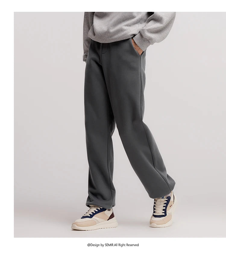 Semir Pants Men Fleece Lined 2024 Winter New Thermal Bacteriostatic Solid Color Loose Elastic Waist Straight Leg Pants
