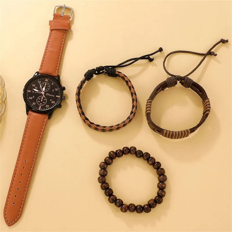 Men Watch Luxury Bracelet Set Fashion Business Brown Leather