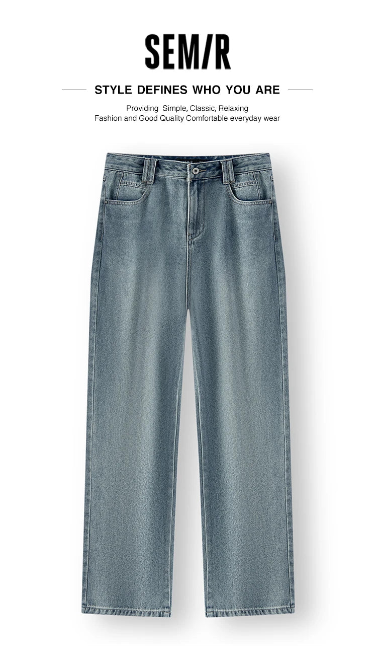 Semir Jeans Women 2024 New Winter Style with Fleece-Lined Floor-Length Trousers Hong Kong Style Wide-Leg Trousers