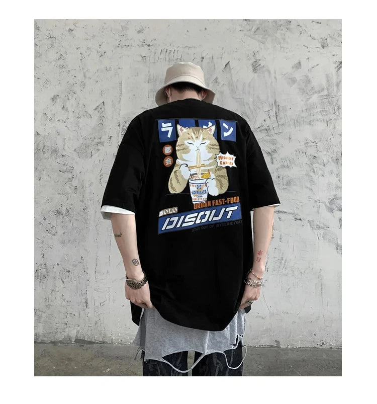 Harajuku Cat Cartoon Eating Noodles Graphic Men Women Tshirts Casual Short Sleeve Tees Japan Style Oversized T Shirt Clothing
