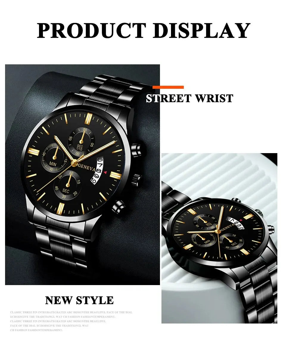 Fashion Men Black Stainless Steel Watch Luxury