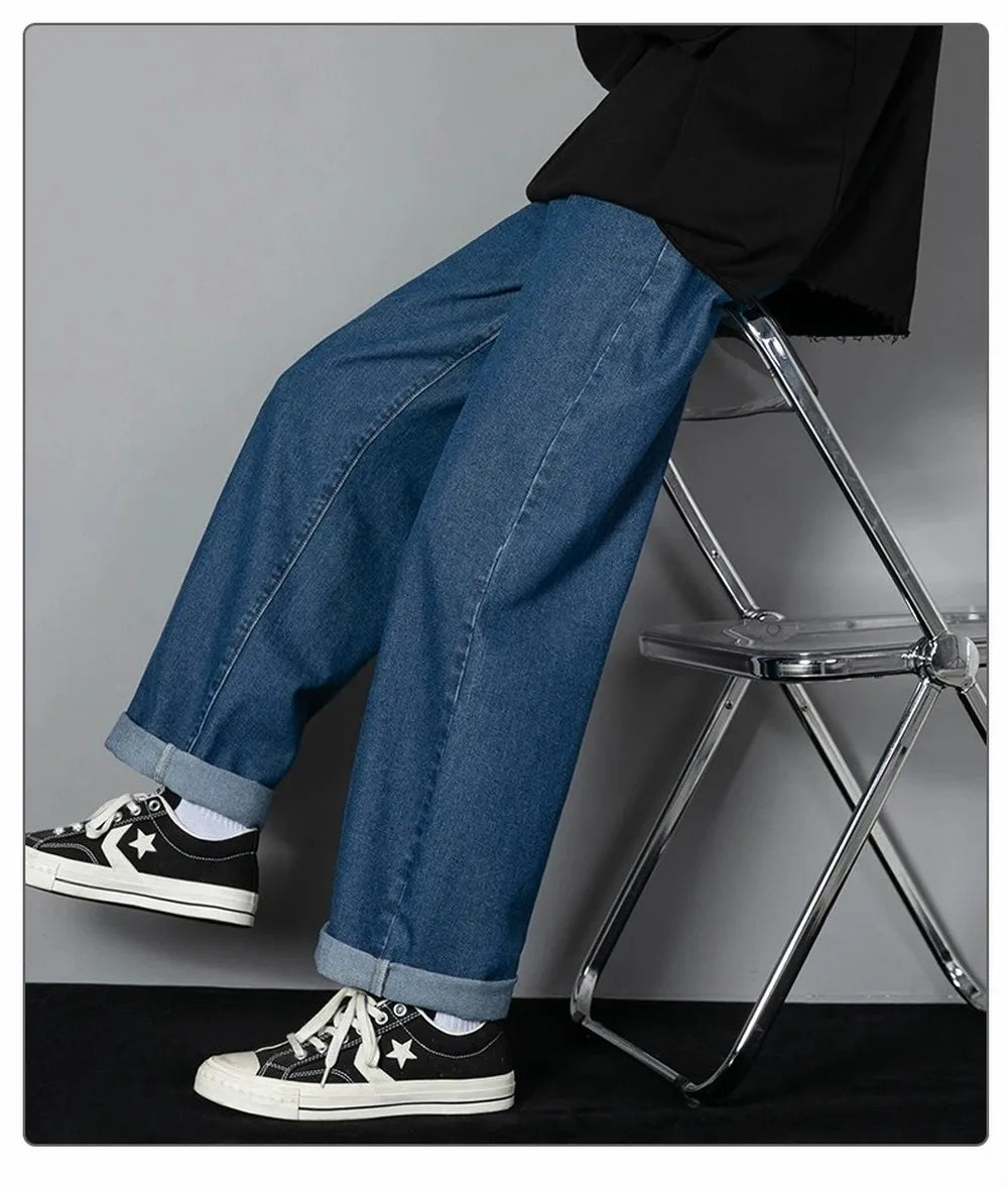 Korean Solid Colors Men's Casual Long Jeans Classic Man Four Seasons Straight Denim Wide-leg Pants Light Blue Grey Black 3XL