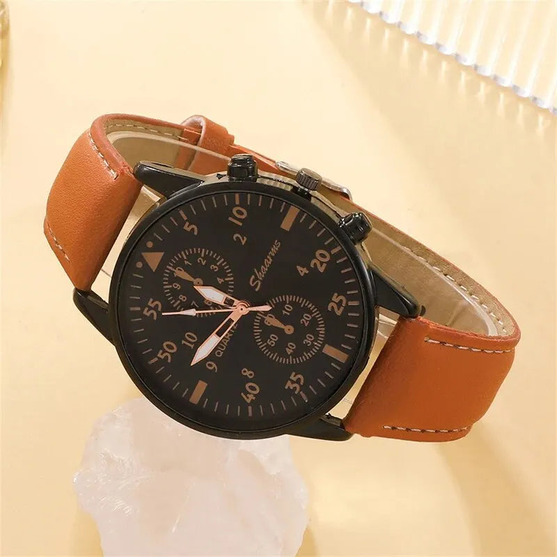 Men Watch Luxury Bracelet Set Fashion Business Brown Leather