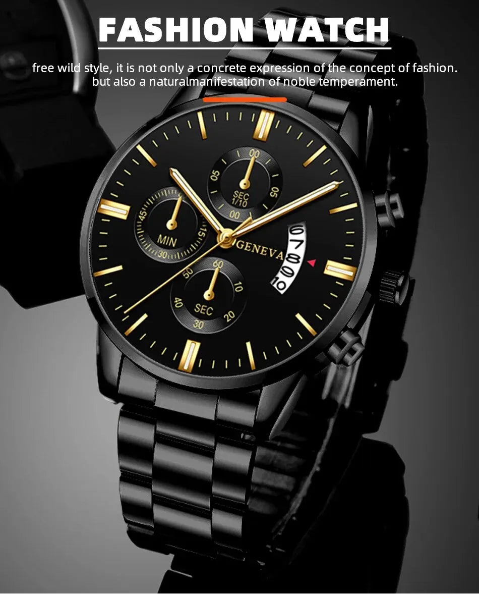 Fashion Men Black Stainless Steel Watch Luxury