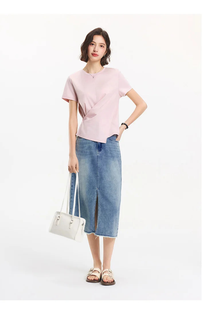 Semir Short Sleeve T-Shirt Women Cropped Design Split Hem 2025 New Summer Cotton Top Relaxed Fit for Casual and Chic Style