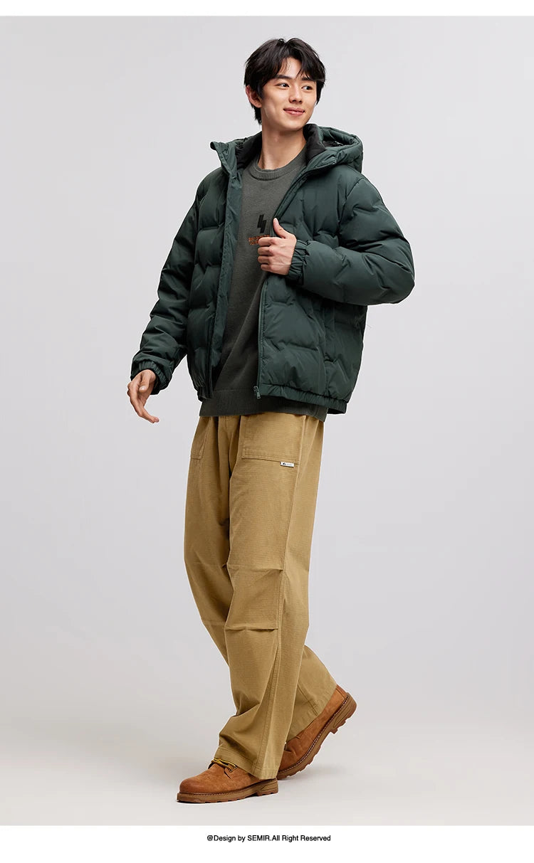 Semir Down Jacket Men 2024 New Waterproof Hooded Outerwear Winter Clothing Solid Color Versatile Direct-Injection Down Thickened